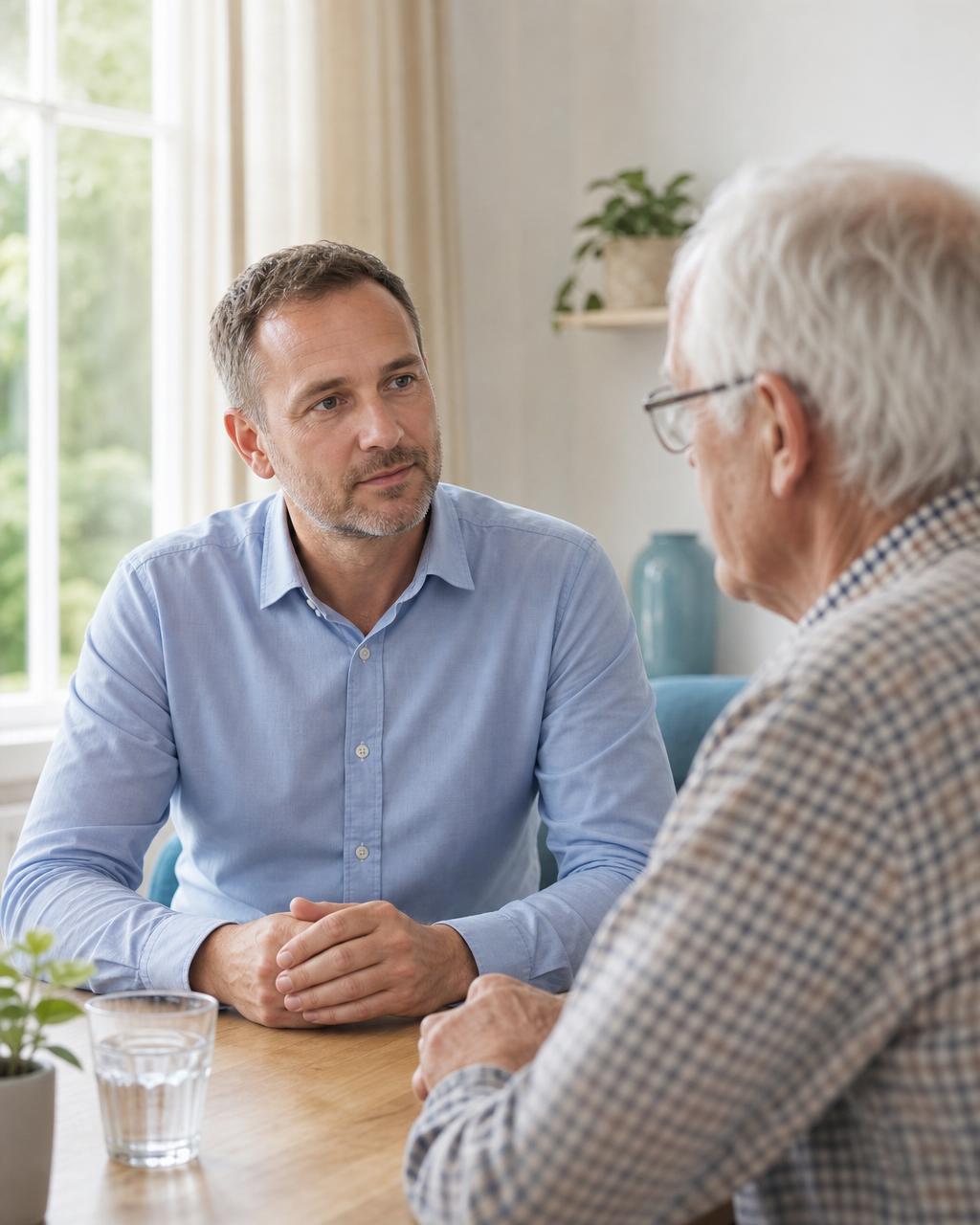Twee mensen in gesprek — zorgvuldigheid en menselijkheid samen